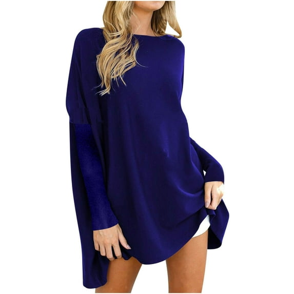 Oversized Sweater Long Tops for Leggings Soft Fleece Round Neck Batwing Sleeve Tunics Pullover Sweater Mini Dress (3XL, Blue)