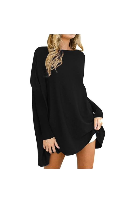 Oversized Sweater Long Tops for Leggings Soft Fleece Round Neck Batwing Sleeve Tunics Pullover Sweater Mini Dress (L, Black)
