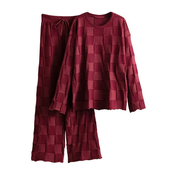 Oversized Sweater Sets for Women Checkered Long Sleeve Fall Outfits Knit Pullover 2 Piece Matching Outfits, Free Size