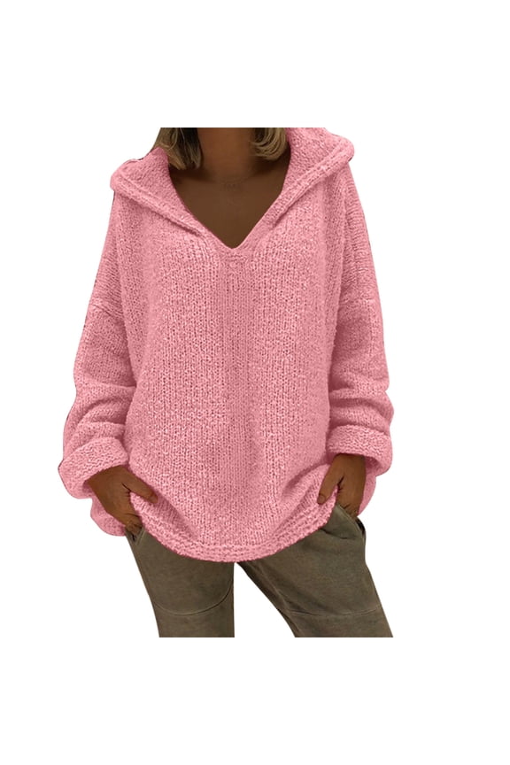 Oversized Sweater Sevevn Women's Casual Solid Color Hooded Long Sleeved V-Neck Pullover Sweater Top