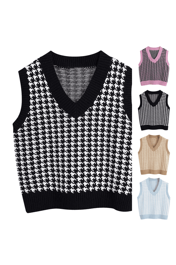 Oversized Sweater Vest Women Casual V-Neck Houndstooth Knit Sweaters 2026 Fall Aesthetic Checkered Work Vests Black L