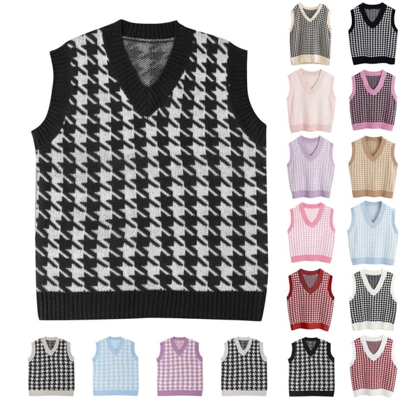 Oversized Sweater Vest Women Casual V-Neck Houndstooth Knit Sweaters 2026 Fall Aesthetic Checkered Work Vests Black XL