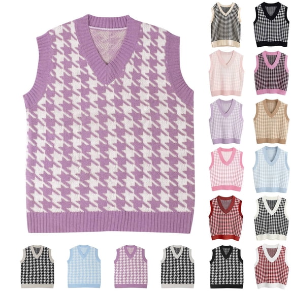 Oversized Sweater Vest Women Casual V-Neck Houndstooth Knit Sweaters 2026 Fall Aesthetic Checkered Work Vests Purple M