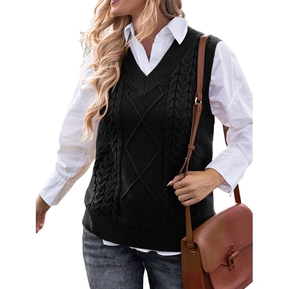 Oversized Sweater Vest for Women V Neck Sleeveless Solid Color Loose Pullover Sweater Black S
