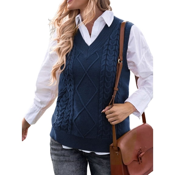 Oversized Sweater Vest for Women V Neck Sleeveless Solid Color Loose Pullover Sweater Dark Blue M