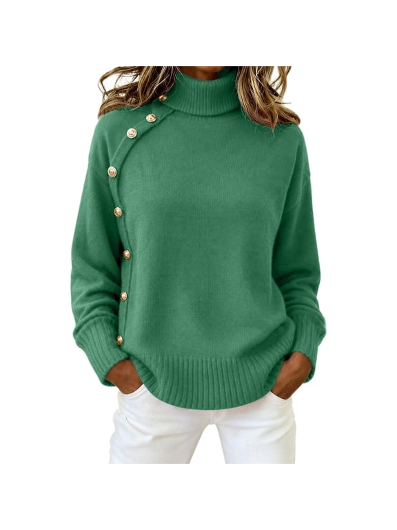 Oversized Sweater for Women 2026 Knit Sweater | Mock Neck, Soft Stretchy Fabric, Decorative Gold Button, Loose Fit Fall Pullover Sweater, Cozy Going Out Tops for Winter