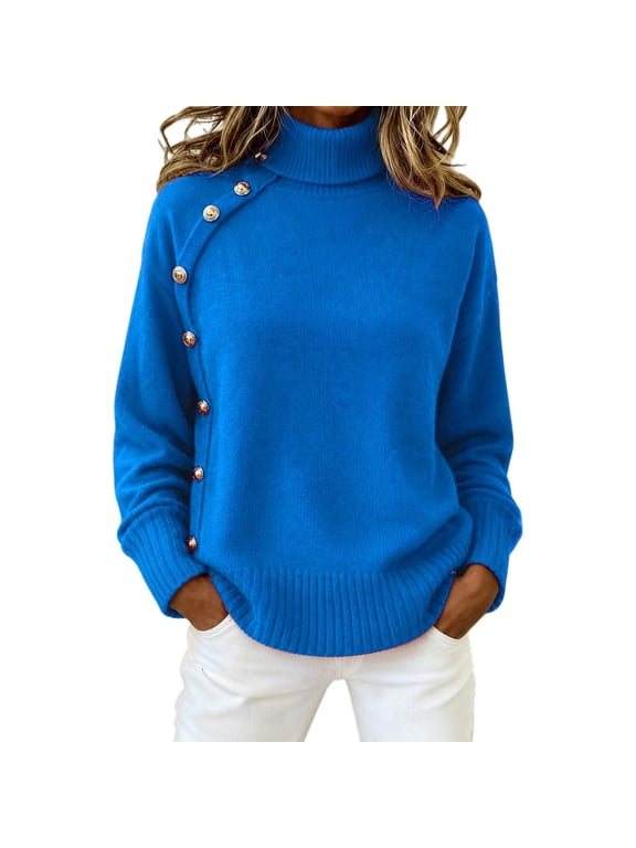 Oversized Sweater for Women 2026 Knit Sweater | Mock Neck, Soft Stretchy Fabric, Decorative Gold Button, Loose Fit Fall Pullover Sweater, Cozy Going Out Tops for Winter QURATI