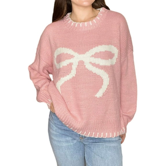 Oversized Sweater for Women Crewneck Pullover Valentine's Day Sweater Bow Tie Printed Holiday Winter Clothes Loose Fall Long Sleeve knitted Sweaters Tops Alsol Lamesa