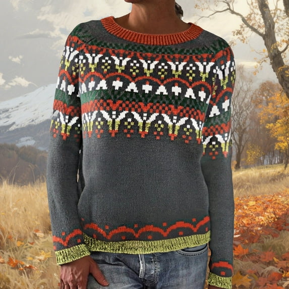 Oversized Sweater Women Fair Isle Sweater Pullover Arrival Color Knit Top Loose Fit Yarn Casual Fall Sweaters Women Trendy Grey M