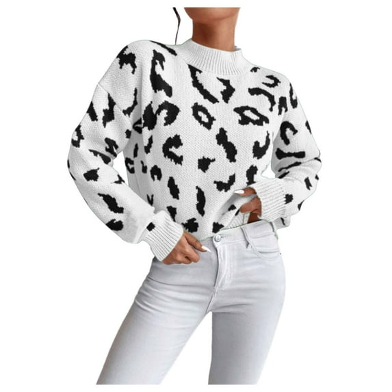 Oversized Sweaters For Women Casual Loose Fit Leopard Print Turtleneck Long Sleeve Stretch Pullover Jumper Top Comfortable Soft Fall Outfits