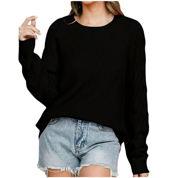 Oversized Sweaters For Women Cute Elegant Soft Long Sleeve Solid Color Hollow Cable Knit Round Neck winter Clothes Black Fashion Tops Pullover (XL)