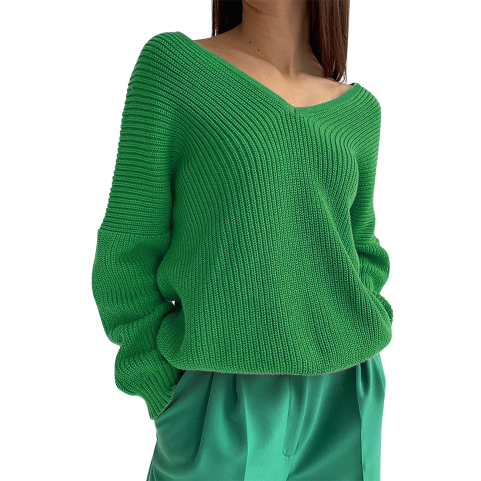 Oversized Sweaters For Women Trendy Solid Color V Neck Knitted Long
