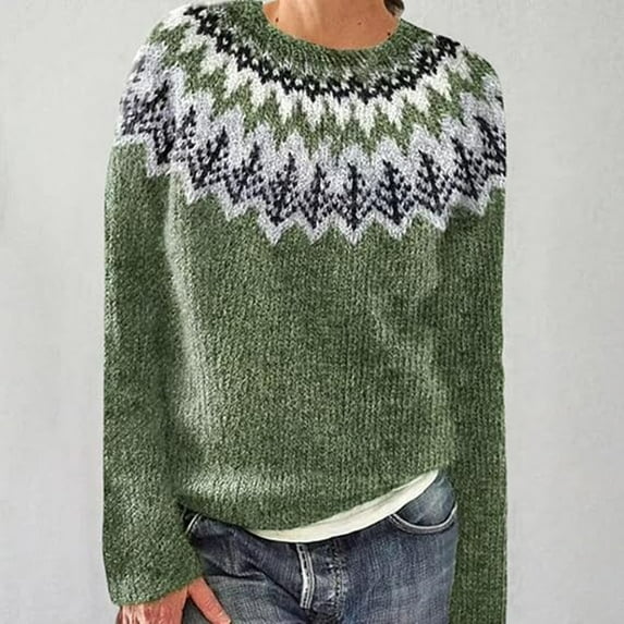 Oversized Sweaters for Women Comfortable Fair Isle Crew neck Loose Sweater Vintage Printed Fall Winter Business Casual Outfits Pullover Knit Tops Army Green L