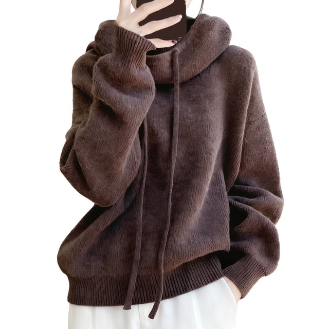 Oversized Sweaters Women Hoodies Solid Color Soft Knitted Pullover Fuzzy Drawstring Hooded Sweatshirt Winter Tops (XL, Brown)