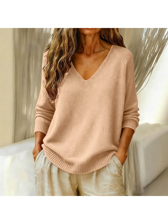 Oversized Sweaters for Women Women's Regular-Fit Lightweight Long-Sleeve V-Neck Sweater Relaxed Fit Chunky Sweater Winter Holiday Outfit Sweater Tops Jumper Tops Winter Sweaters Dark Gray XXL