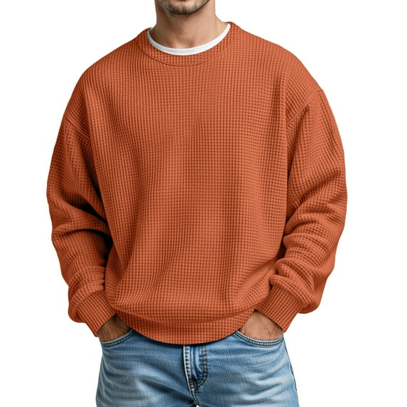 Oversized Sweaters for Men Thermal Knit Long Sleeve Crewneck Soft Lightweight Men Fall Clothes,Orange,XL