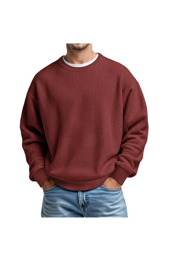 Oversized Sweaters for Men Thermal Knit Long Sleeve Crewneck Soft Lightweight Mens Casual Clothing,Brick Red,M