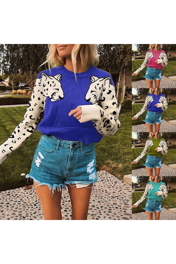 Oversized Sweaters for Women Casual Leopard Print Knitwear Patchwork Long Sleeve Pullover Crew Neck Sweater Soft Tops