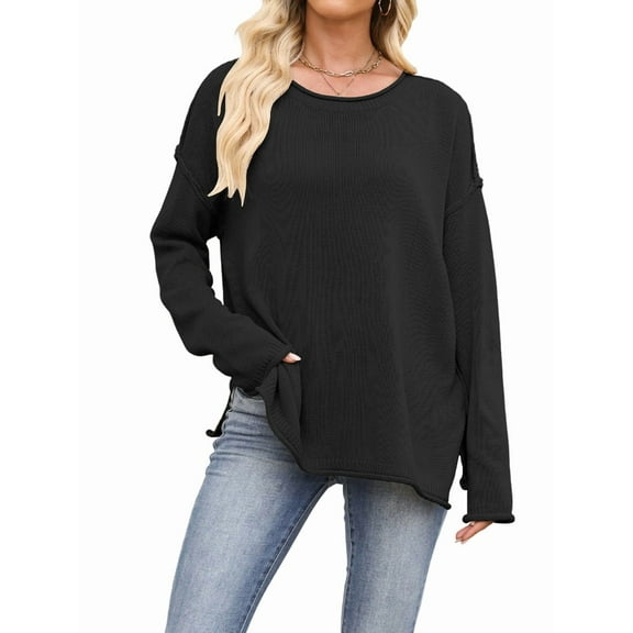 Oversized Sweaters for Women Casual Long Sleeve Crewneck Knit Cozy Pullover Sweater Jumper Top Black S