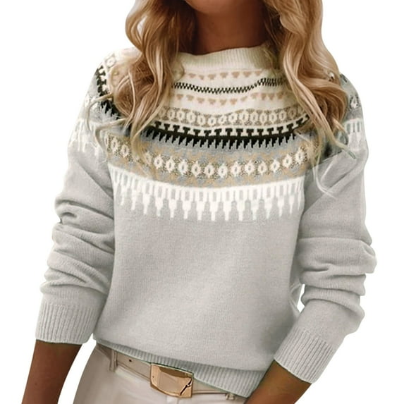Oversized Sweaters for Women Fair Isle Round Neck Sweater Striped Design Loose Fashion Fall Winter Long Sleeve Pullovers Top Multicolor Grey XXXXXL