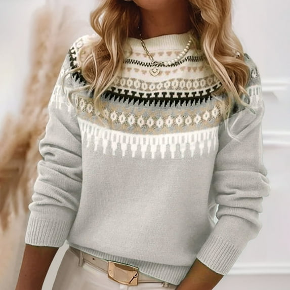 Oversized Sweaters for Women Fair Isle Round Neck Sweater Striped Design Loose Fashion Fall Winter Long Sleeve Pullovers Top Multicolor