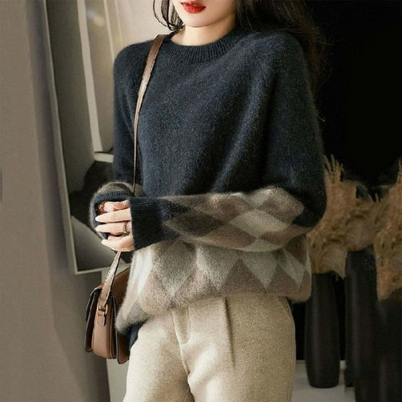 Oversized Sweaters for Women Fashion Drop Shoulder Plaid Colorblock Tops Loose Fall Winter Long Sleeve Crewneck Pullovers Sweater