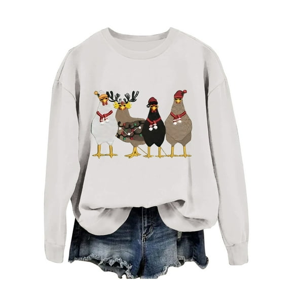 Oversized Sweaters for Women Funny Christmas Chick Farm Animal Print Womens Workout Clothing,White,M