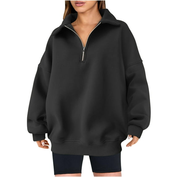 Oversized Sweaters for Women Half Zip Long Sleeve Shirts Solid Color Sweatshirts Collar Hoodie Loose Casual Blouse (Black L)