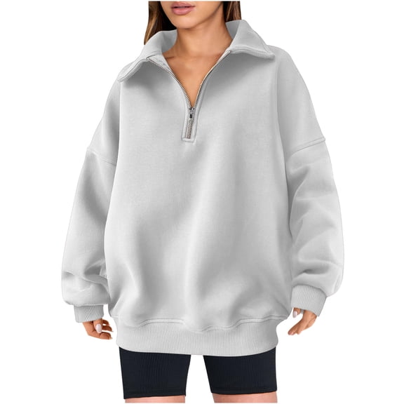 Oversized Sweaters for Women Half Zip Long Sleeve Shirts Solid Color Sweatshirts Collar Hoodie Loose Casual Blouse (Gray L)