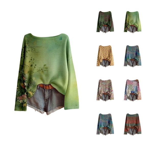 Oversized Sweaters for Women Long Sleeve Casual Crewneck Drop Shoulder Boho Floral Pattern Pullover Sweater Fall Knit Tops