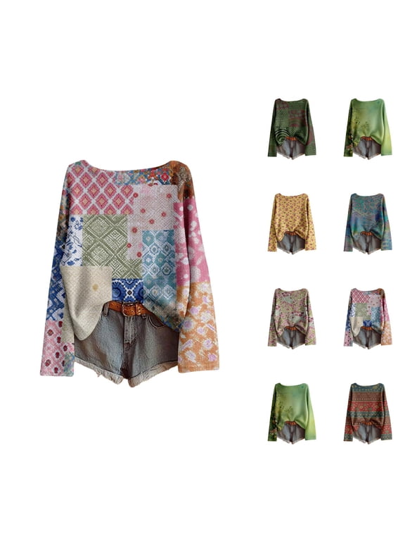 Oversized Sweaters for Women Long Sleeve Casual Crewneck Drop Shoulder Boho Floral Pattern Pullover Sweater Fall Knit Tops