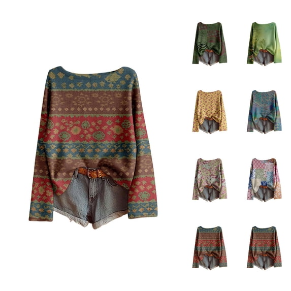 Oversized Sweaters for Women Long Sleeve Casual Crewneck Drop Shoulder Boho Floral Pattern Pullover Sweater Fall Knit Tops