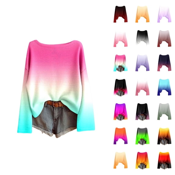Oversized Sweaters for Women Long Sleeve Gradient Color Crewneck Drop Shoulder Pullover Sweater Knit Tops