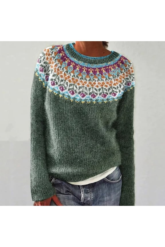 Oversized Sweaters for Women Loose Comfortable Fair Isle Crew neck Sweater Vintage Printed Fall Winter Long Sleeve Pullovers Top Multicolor