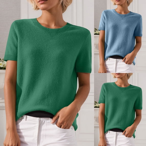 Oversized Sweaters for Women Solid Color Casual Crew Neck Knit Tops Loose Short Sleeve Sweater Blend Knitwear
