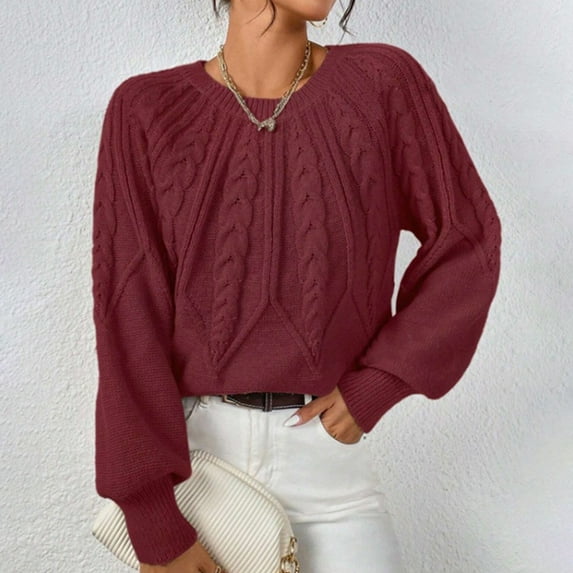 Oversized Sweaters for Women Threaded Solid Color Crew Neck Sweaters Vintage Design Fall Winter Business Casual Outfits Pullover Tops