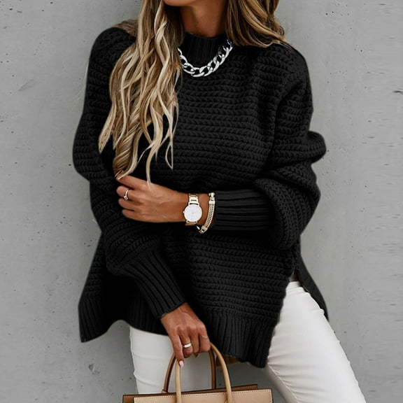 Oversized Sweaters for Women Turtleneck Elegant Warm Solid Color Coarse Knit Side Slit Loose Sweater Fall Fashion 2023 Black