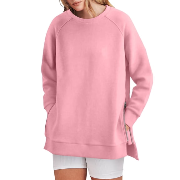 Oversized Sweatshirt, Comdrip Womens Long Sleeve Zipper Slit Oversized Sweatshirt 2025 Casual Pullover Zipper Hoodies Fall Clothes Comfy Sweatshirts for Women Pink S