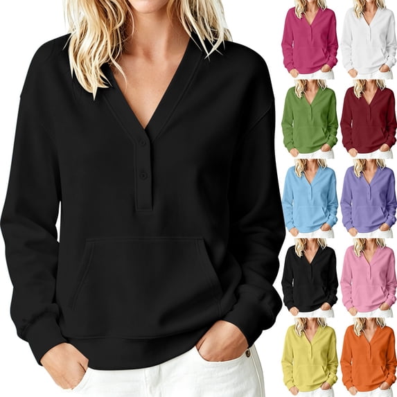 Oversized Sweatshirt For Women Casual No-Hood Button-Down Pullover V-Neck Pocket Long-Sleeve Sweatshirts Fall Spring Track Jackets With Pockets