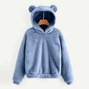 CONAIRIE Oversized Sweatshirt For Women Fleece Solid Warm Bear Shape Fuzzy Hoodie Coat Tops Clothes With Pocket