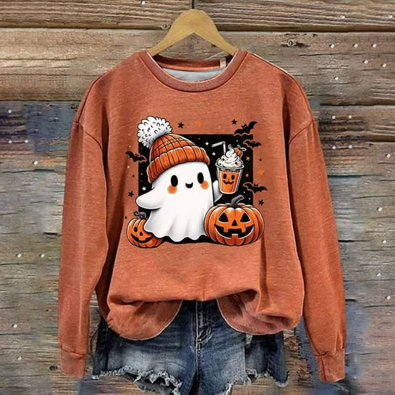 Oversized Sweatshirt For Women Trendy Halloween Print Casual Comfortable Crew Neck Graphic Hoodies Tops Clothes With Pocket