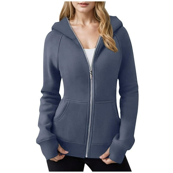 Oversized Sweatshirt For Women Zipper Neck Long Sleeve Solid Hooded Pockets Navy Winter Jacket Coat ( L )