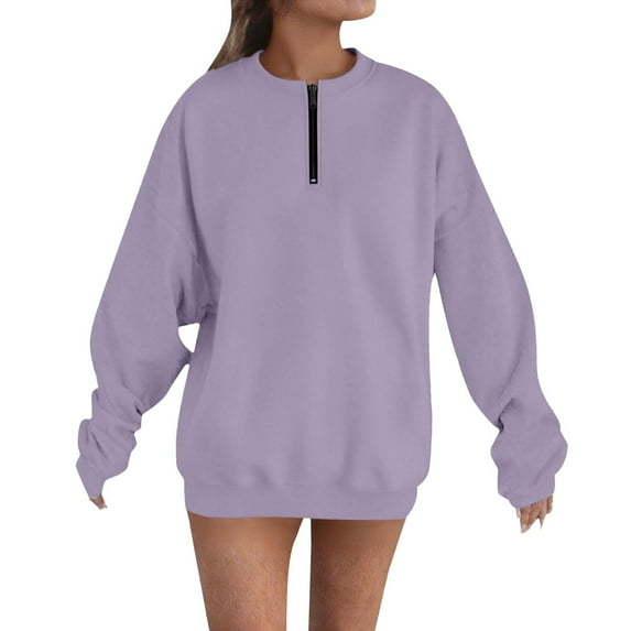 Oversized Sweatshirt Pullover for Women Trendy Crewneck Casual Baggy Sweater with Poket Long Sleeve Tops Solid Color (L, Purple|1/4 Zip)