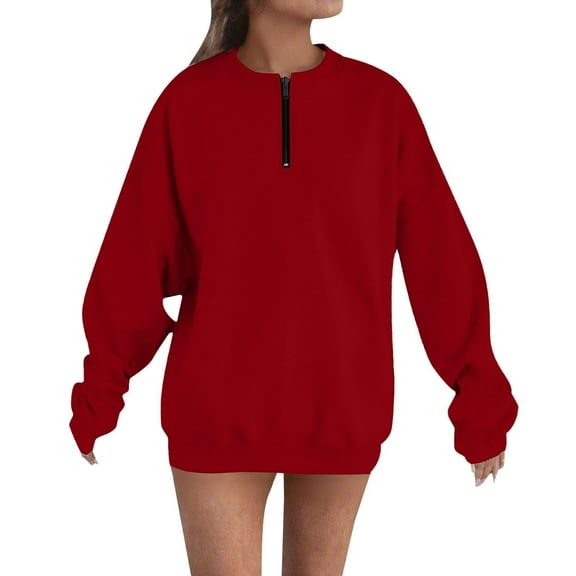 Oversized Sweatshirt Pullover for Women Trendy Crewneck Casual Baggy Sweater with Poket Long Sleeve Tops Solid Color (XL, Wine|1/4 Zip)
