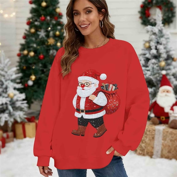 Oversized Sweatshirt for Women Christmas Sweatshirts Funny Santa Printing Hoodies Xmas Holiday Shirts Crewneck Long Sleeve Pullover Tops Winter Warm Clothes