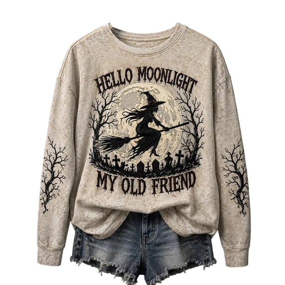 Oversized Sweatshirt for Women Crew Neck Long Sleeve Vintage Witch Cemetery Graphic Pullover Loose Fit Casual Fall Halloween Festival Wear Complexion M