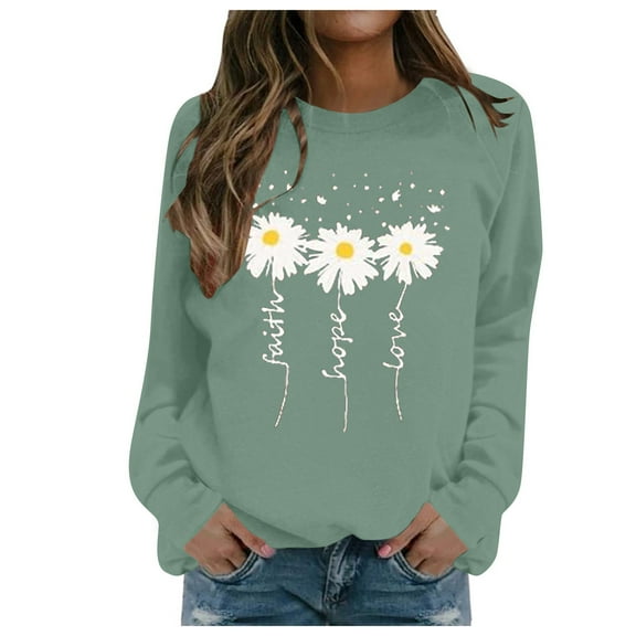 Oversized Sweatshirt for Women Flower Print Fall Crewneck Sweatshirt Long Sleeve Basic Pullover Top Fall Stretchy Casual Tops Hoodies for Women Light Green M