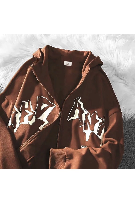 Oversized Sweatshirt For Women Jacket Zip Up Hoodies Hip Hop Goth Print Hooded Jacket Street Fashion Unisex Drawstring Sweat Jacket With Hood 90S E Girl Outfits Winter Clothes 2025