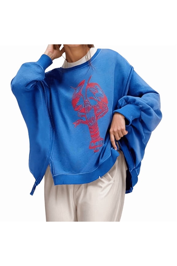 Oversized Sweatshirt for Women Long Sleeve Pullover Crewneck Sweaters Irregular Slit Hem Fall Fashion Outfits 2025 Trendy Lobster Print Tops Plus Size (A-Blue, M)