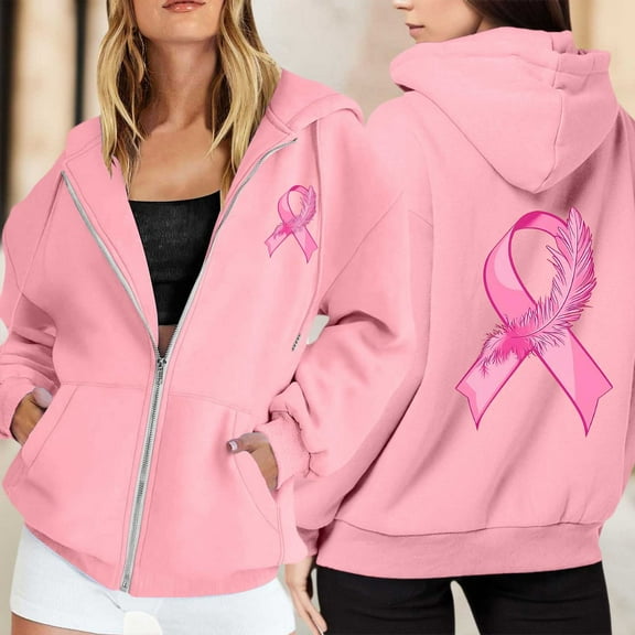 Oversized Sweatshirt For Women Solid Color Zip Up Hoodie Pullover Cancer Awareness Month Drawstring Casual Comfortable For Everyday Tops Clothes With Pocket